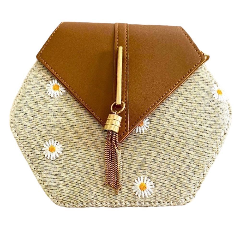 Floral Applique Detail Tassel Decor Straw Bag